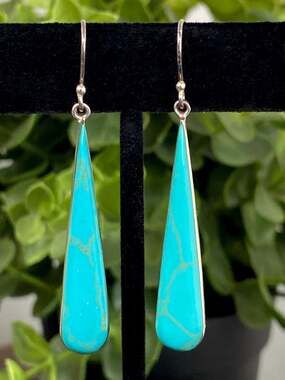 Vintage ATI Mexico 925 Sterling Silver Turquoise Inlay Teardrop Dangle Earrings